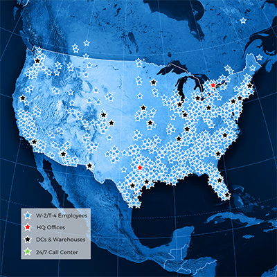 Blue map of DAVACO's coverage in North America