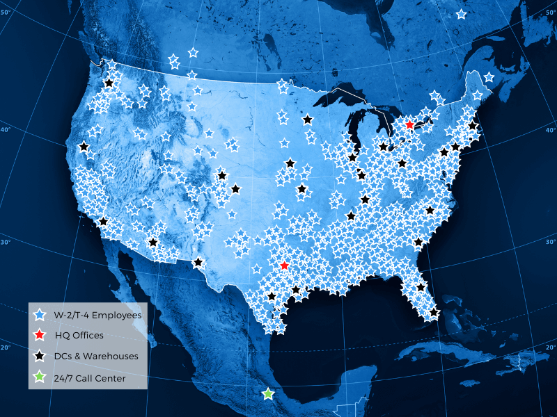Map of North America showing DAVACO service coverage including 1,700+ employees