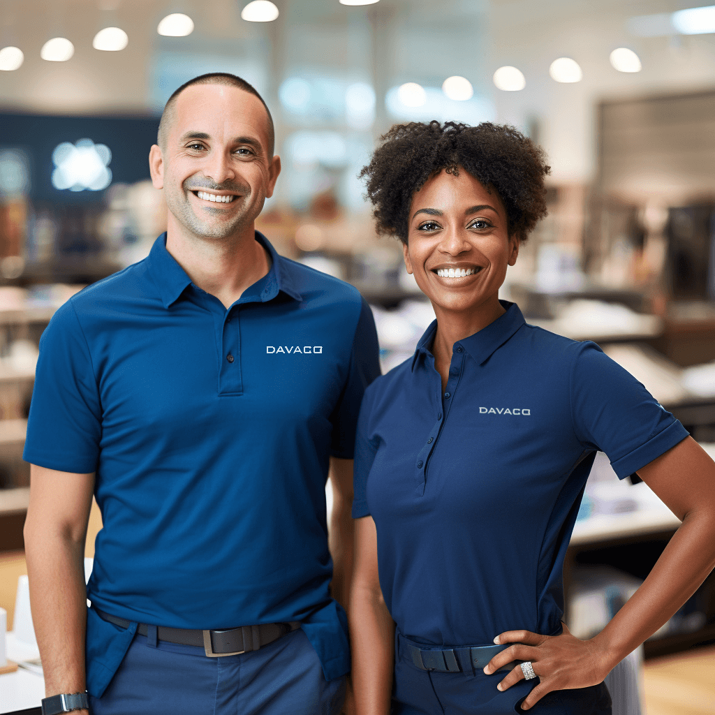 Career button: Davaco employees, smiling, at work at a retail customer's site