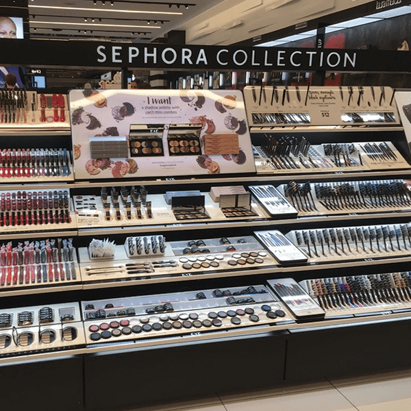 Black product display of Sephora branded cosmetics.