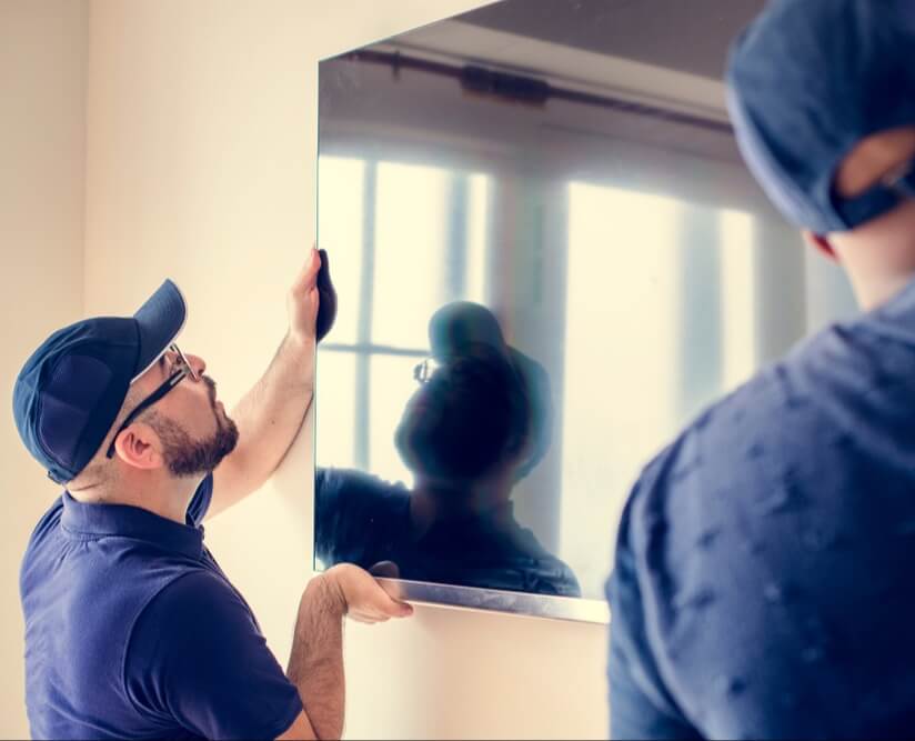 Two DAVACO male employees wearing blue shirts and caps hanging a flat screen TV on a wall.