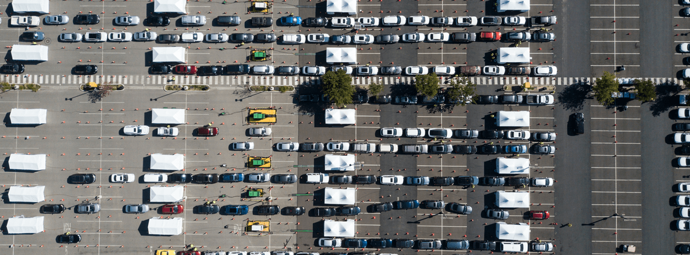 Aerial view of vehicles in line for Covid-19 testing by the Texas Division of Emergency Management, run by DAVACO.