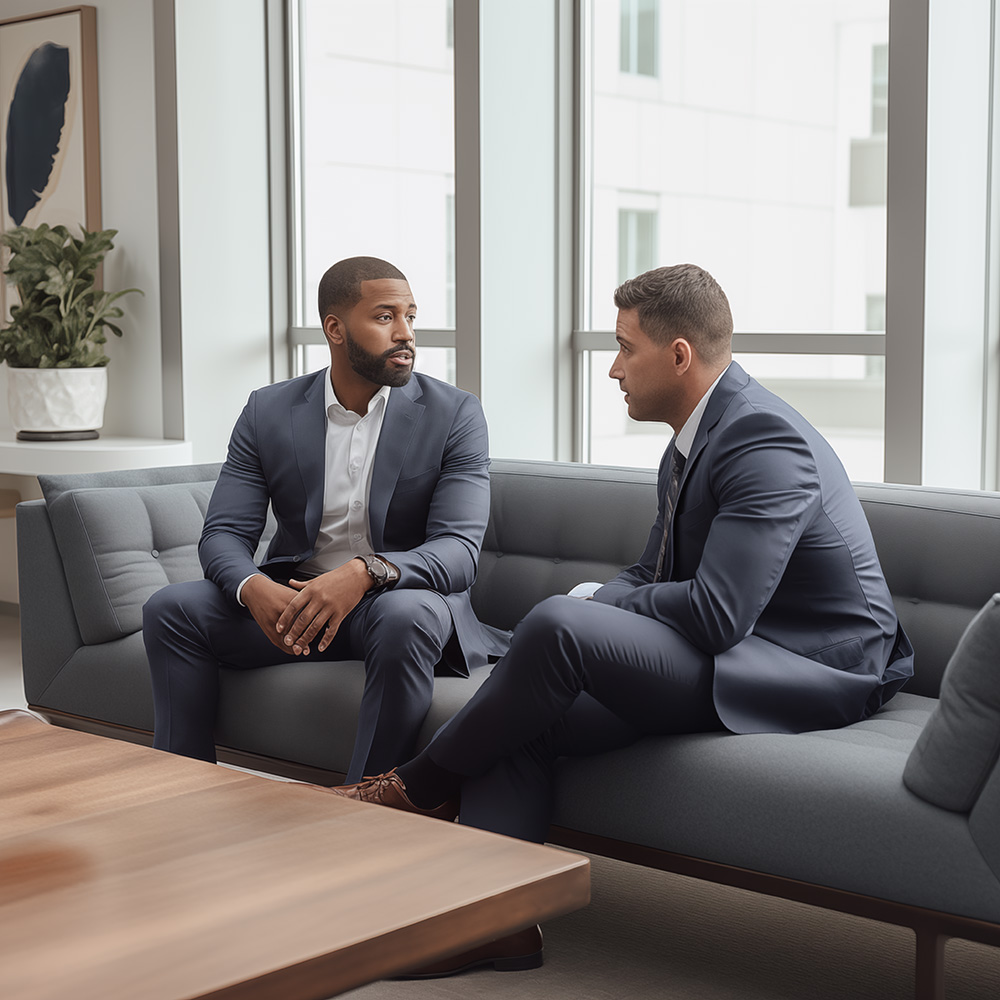 Sales Button: Two men sitting on a sofa in a modern office