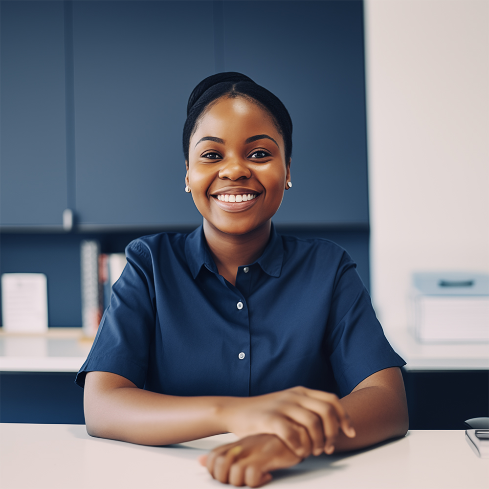 Support Button: DAVACO female employee sitting at a desk