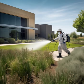 Pest control employyee wearing a white protective suit and face mask sprays shrubs for pests outside of a corporate facility