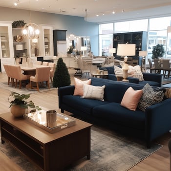 Interior of a remodeled home goods store, featuring a navy sofa, modern dining set and bright lighting