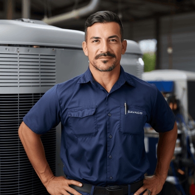 Male DAVACO HVAC employee, wearing a blue DAVACO shirt, posing in front of an HVAC unit.