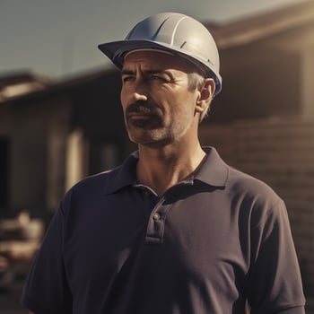 Man wearing a navy polo shirt and white hard hat standing at a construction site